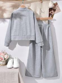 Vihyde Tween Girls Waffle Knit 2-Piece Set, Stand Collar Zip-Up Long Sleeve Jacket With Webbing Detail & Wide Leg Pants - Light Grey - View 3