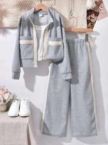 Vihyde Tween Girls Waffle Knit 2-Piece Set, Stand Collar Zip-Up Long Sleeve Jacket With Webbing Detail & Wide Leg Pants - Light Grey - View 2
