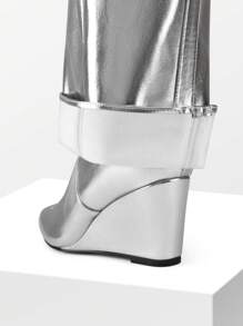 Women's Fold Over Pointed Toe Wedge Heels Knee High Boots  Fashion Padlock Buckle Party Gorgeous Style - Bạc - Xem 7