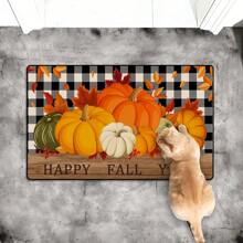 1pc Autumn Pumpkin Print Carpet, Thanksgiving Pumpkin & Maple Leaf Checkered Rug For Kitchen, Living Room, Entryway, Decorative Machine Washable Non-Slip Floor Mat, Great Fall Gift For Family & Friends