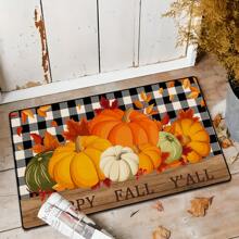 1pc Autumn Pumpkin Print Carpet, Thanksgiving Pumpkin & Maple Leaf Checkered Rug For Kitchen, Living Room, Entryway, Decorative Machine Washable Non-Slip Floor Mat, Great Fall Gift For Family & Friends