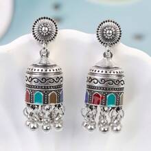 1pair New Bohemian  Alloy Bell Earrings With  Vintage Carved Pendant