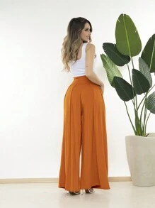 Wide-Leg Loose-Fitting Palazzo Pants In Viscose Fabric, Wide Waistband, High Waist, Pleats - Orange - View 4