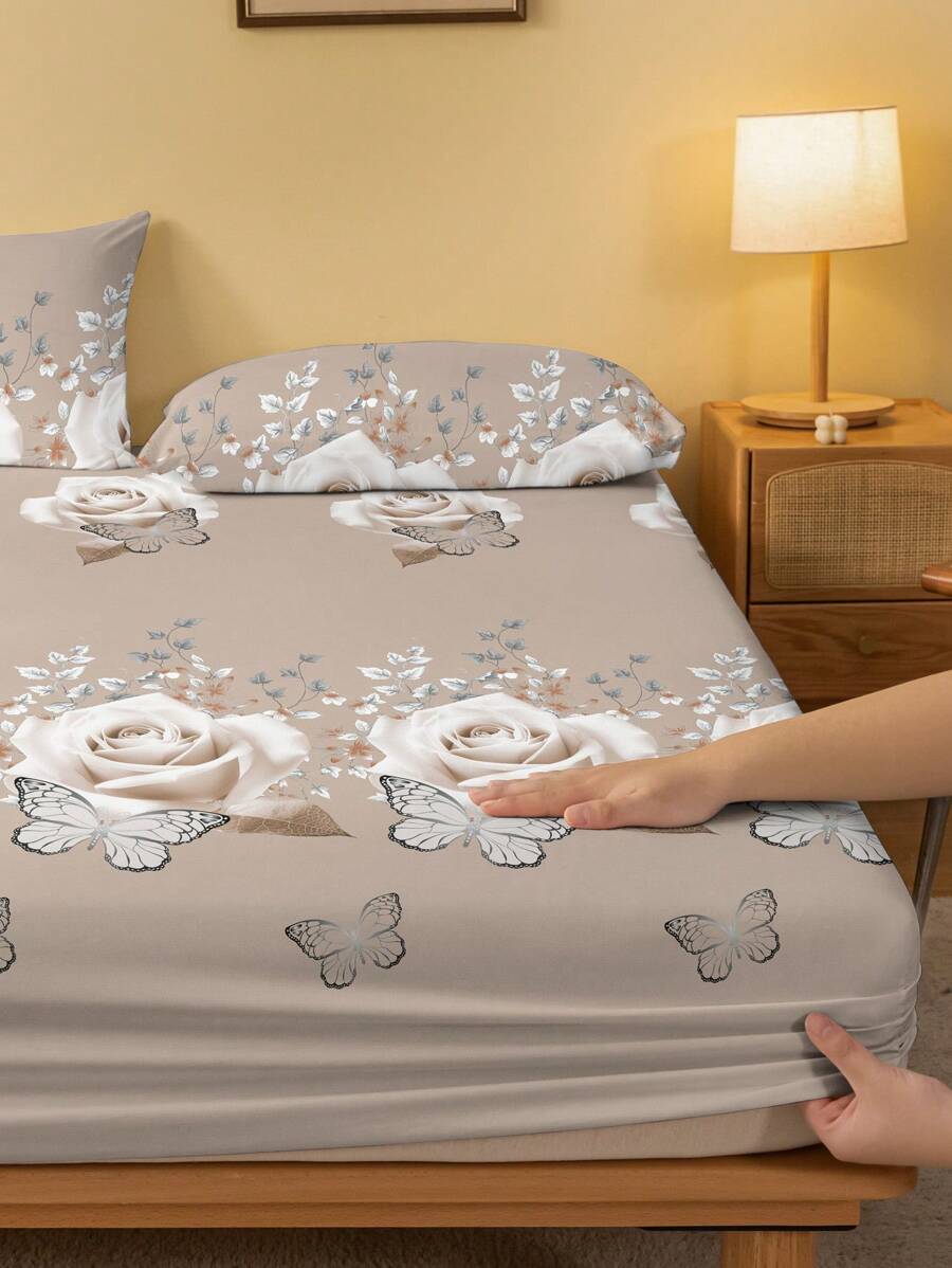 1pc Plant Floral Butterfly Rose Pattern Printed Fitted Sheet, Bedroom