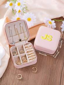 1pc Personalized 2D Initials Jewelry Box,Custom Colored Monogram Portable PU Leather Jewelry Storage Box For Travel,Ideal Gift For Halloween, Christmas, New Year,Young Girls,Mom,Birthday,Bridesmaid