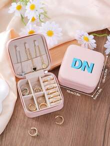 1pc Personalized 2D Initials Jewelry Box,Custom Colored Monogram Portable PU Leather Jewelry Storage Box For Travel,Ideal Gift For Halloween, Christmas, New Year,Young Girls,Mom,Birthday,Bridesmaid
