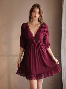 Christmas Red Wine Colored Sexy V-Neck Loose Revealing Shoulder Sleepwear For Young Women, Highly Attractive Value