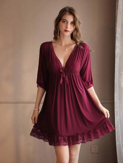 Christmas Red Wine Colored Sexy Deep V-Neck Loose Revealing Shoulder Sleepwear Dress For Women, Highly Attractive Value, Moo Moo Night Dress