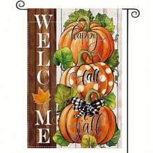 1 lá cờ vườn bí ngô mùa thu mộc mạc, biển hiệu chào mừng bí ngô in bằng vải lanh hai mặt 12x18 inch, trang trí sân mùa thu theo mùa, để trang trí ngoài trời (không bao gồm cột cờ) - Nhiều màu - Xem 2
