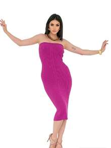 Ribbed Stripe Modal Knit Dress - 中紫紅色 - 查看 1
