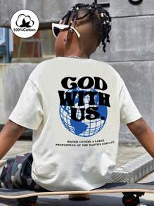 1 件男童休闲印花圆领短袖 T 恤，夏季学生青年服装 - 白色 - 查看 2