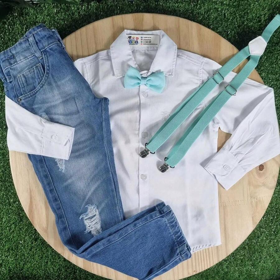 Jeans With White Long Sleeve Shirt And Children's Mint Tie And Suspender Kit - 白色 - 查看 1