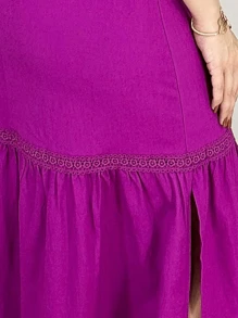 Long Women's Dress With Lace Cutout On The Side - Rose Red - View 3