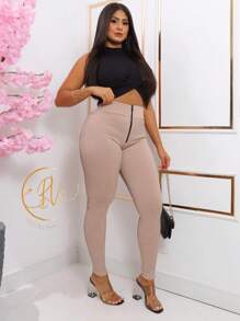 3D Ribbed Legging Pants With High Relief Shaping Zipper - 米色 - 查看 3