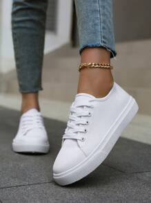 Damen Dicke Plateau Sneakers, einfarbige Freizeitsportschuhe, flache Schnür-Athletikschuhe, Outdoor-Freizeitschuhe, atmungsaktive modische Sneakers