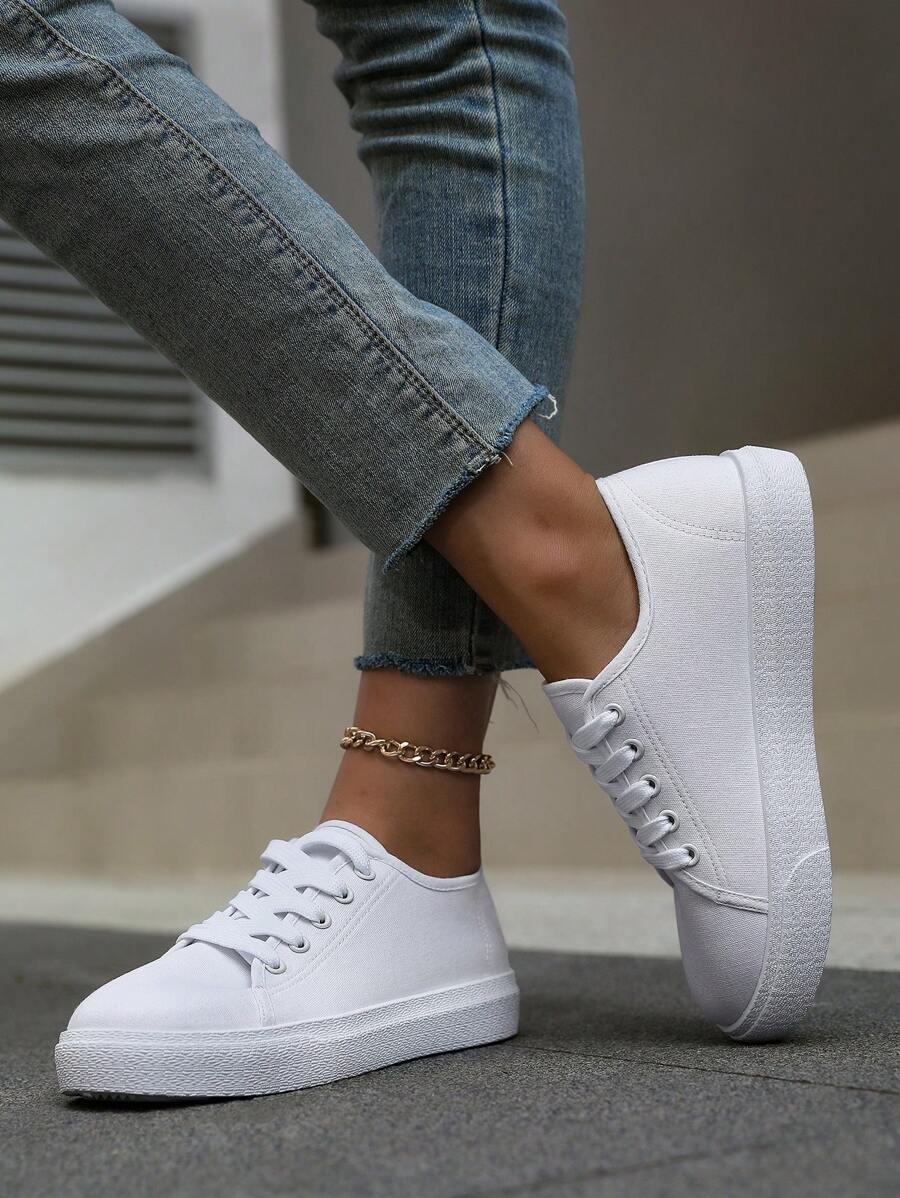 Damen Dicke Plateau Sneakers, einfarbige Freizeitsportschuhe, flache Schnür-Athletikschuhe, Outdoor-Freizeitschuhe, atmungsaktive modische Sneakers