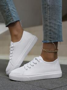 Damen Dicke Plateau Sneakers, einfarbige Freizeitsportschuhe, flache Schnür-Athletikschuhe, Outdoor-Freizeitschuhe, atmungsaktive modische Sneakers