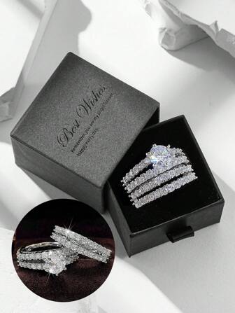 礼盒套装 2 枚戒指，奢华全水钻订婚戒指，适合婚宴，情人节礼物，适合女孩、妈妈、母亲、母亲节、礼物