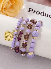 4pcs/Set Boho Retro Style Heart Pendant Multi-Layer Pearl Bracelet Set, Fashionable Design, Suitable For Women's Daily Wear