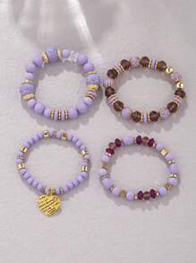4pcs/Set Boho Retro Style Heart Pendant Multi-Layer Pearl Bracelet Set, Fashionable Design, Suitable For Women's Daily Wear