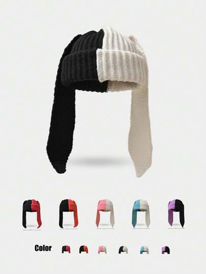 1 件女士多色拼布针织长款兔耳帽，可爱大周长撞色羊毛帽，适合秋冬季