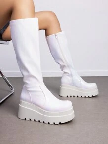 Women's Platform Heel Knee High Boots Round Toe Side Zipper Fashionable Punk Goth Boots - trắng - Xem 3