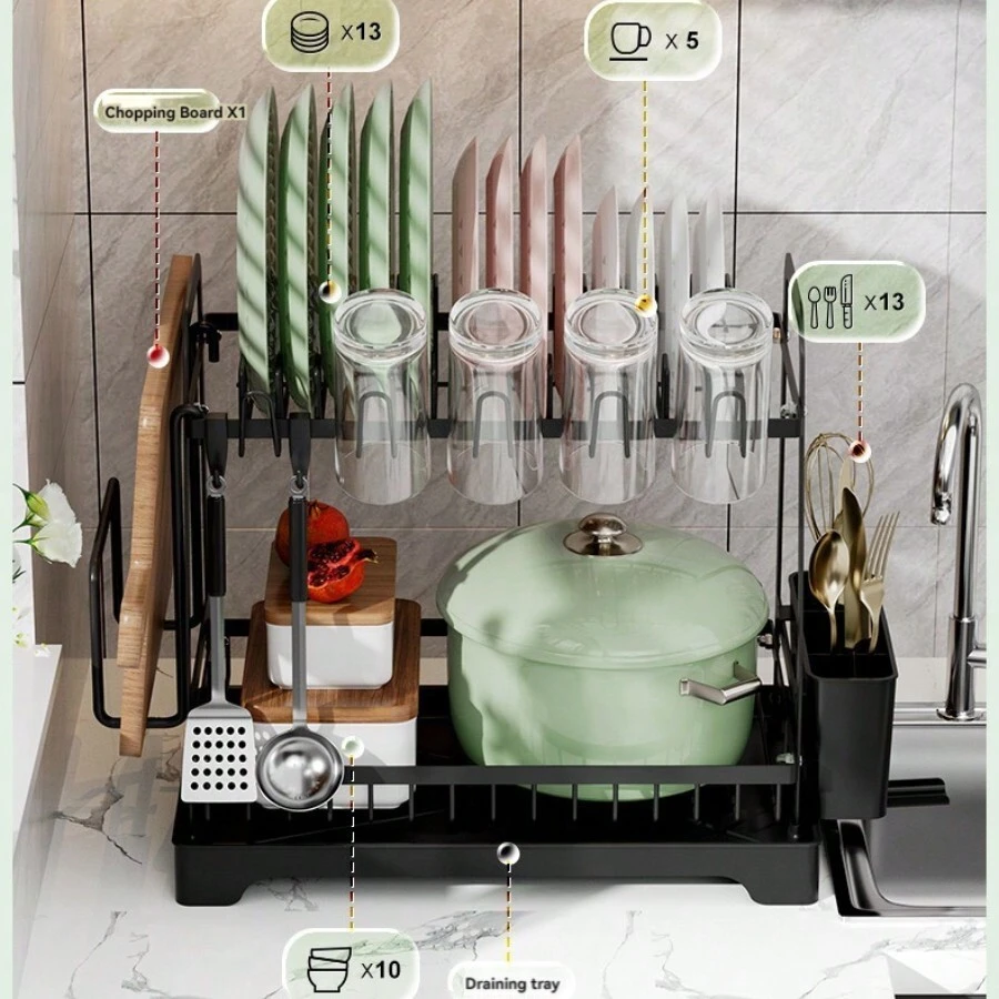Giá Để Bát Đĩa Lớn 2 Tầng Có Khay Nhỏ Giọt - Dụng cụ nhà bếp đa chức năng để đựng đĩa, dao kéo và đồ dùng - Giá phơi bát đĩa có cấu trúc bằng nhựa/kim loại bền để sấy bát đĩa trong không khí - Nhiều màu - Xem 1