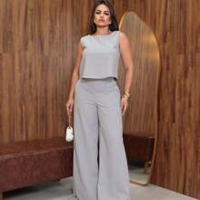 Women's Linen Pants And Stylish Blouse Set - Grey - View 6