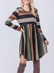 Boho Retro Vintage Mint Olive Coral Purple Pink  Navy Mint Multi Stripe  Knit Swing Dress | Small -3XL Plus - 橄欖綠 - 查看 2