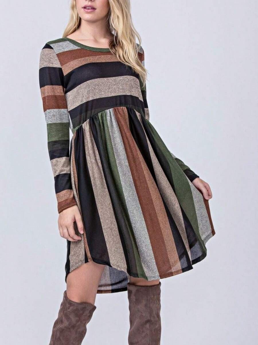 Boho Retro Vintage Mint Olive Coral Purple Pink  Navy Mint Multi Stripe  Knit Swing Dress | Small -3XL Plus - 橄欖綠 - 查看 1