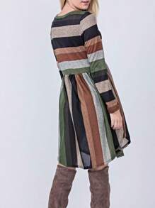 Boho Retro Vintage Mint Olive Coral Purple Pink  Navy Mint Multi Stripe  Knit Swing Dress | Small -3XL Plus - 橄欖綠 - 查看 3