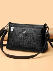 高品质女士真皮斜挎包，奢华设计师款单肩斜挎包，女士钱包和手提包 - 黑色 - 查看 2