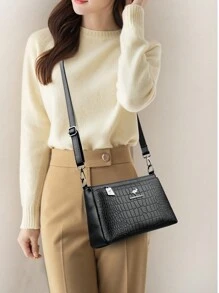 高品质女士真皮斜挎包，奢华设计师款单肩斜挎包，女士钱包和手提包 - 黑色 - 查看 11