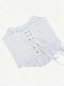 白色网眼紧身胸衣上衣、露肩露背紧身胸衣短款上衣、多层紧身吊带背心、露脐外套、万圣节纯色紧身胸衣 - 白色 - 查看 4