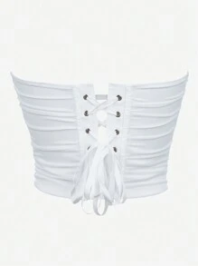 白色网眼紧身胸衣上衣、露肩露背紧身胸衣短款上衣、多层紧身吊带背心、露脐外套、万圣节纯色紧身胸衣 - 白色 - 查看 3