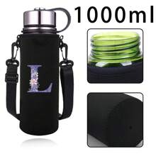 1 pieza Funda aislante para botella de agua con estampado floral y de letras en color rosa, se ajusta a botellas de 550ml/750ml/1000ml/1500ml, hecha de nailon impermeable con correa ajustable, adecuada para senderismo, camping, deportes - Negro - Ver 35