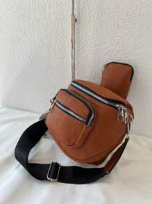 Women's Bag Kit With A Coin Purse Crossbody Bag Large Stylish Modern Blogger With Wide Strap In Pure Black - Brown - View 2