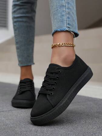 Women's White Thick-Soled Canvas Sneakers, Solid Color Casual Sports Shoes With Flat Lace-Up, Breathable Fashionable Outdoor Leisure Shoes