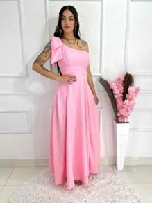 Long Plain Duna Linen Dress With Bow One Shoulder - Baby Pink - View 3