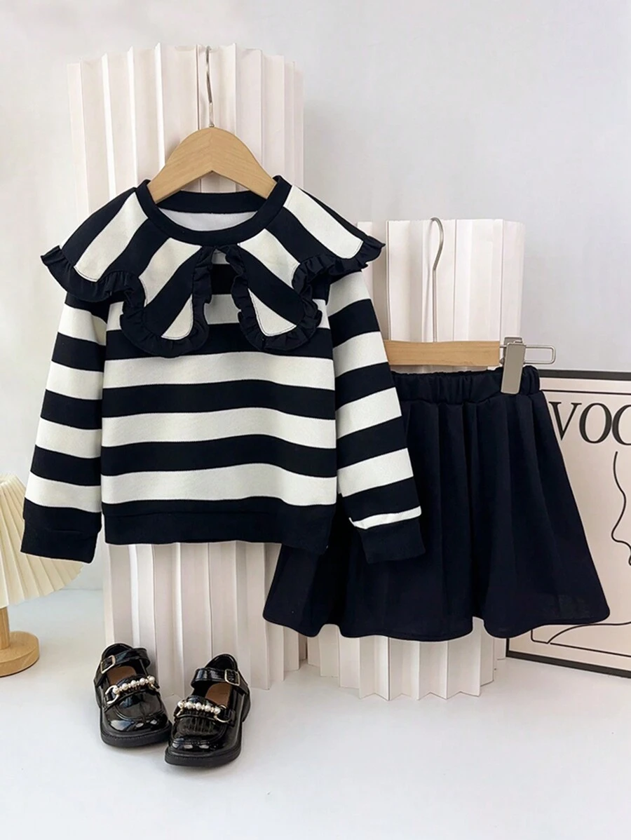 Young Girl's 2pcs Simple Stripe Shirt With Large Lapel Collar And Solid Pleated Skirt Set, Spring/Fall - Black and White - View 1