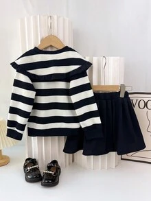 Young Girl's 2pcs Simple Stripe Shirt With Large Lapel Collar And Solid Pleated Skirt Set, Spring/Fall - Black and White - View 2