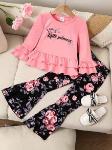 Bộ 2 món/Bộ quần ống rộng in chữ cổ tròn tay dài co giãn thời trang cho bé gái, mùa xuân/thu, tay áo và gấu áo viền hoa, trang phục nghỉ dưỡng thoải mái - Hồng - Xem 1