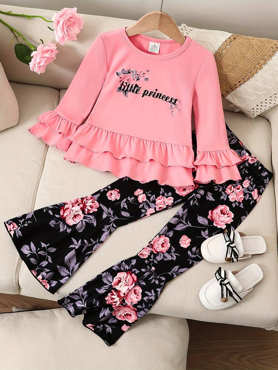 Bộ 2 món/Bộ quần ống rộng in chữ cổ tròn tay dài co giãn thời trang cho bé gái, mùa xuân/thu, tay áo và gấu áo viền hoa, trang phục nghỉ dưỡng thoải mái - Hồng - Xem 1