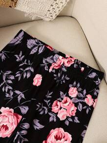 Bộ 2 món/Bộ quần ống rộng in chữ cổ tròn tay dài co giãn thời trang cho bé gái, mùa xuân/thu, tay áo và gấu áo viền hoa, trang phục nghỉ dưỡng thoải mái - Hồng - Xem 5