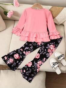 Bộ 2 món/Bộ quần ống rộng in chữ cổ tròn tay dài co giãn thời trang cho bé gái, mùa xuân/thu, tay áo và gấu áo viền hoa, trang phục nghỉ dưỡng thoải mái - Hồng - Xem 2