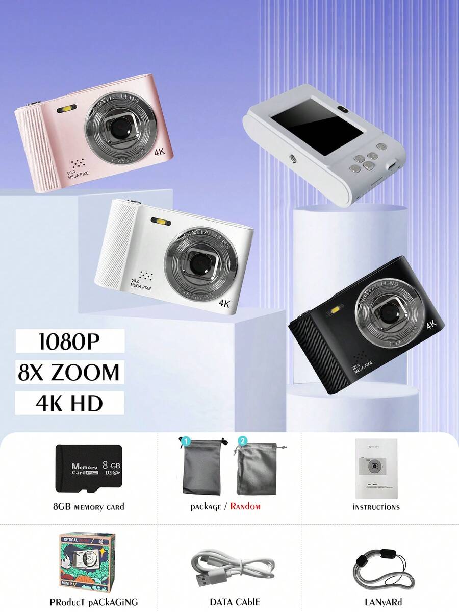 4K Digital Camera, High Pixel High Definition Selfie, Mobile Uploadable, Student/Travel Photography, Entry-Level, Retro CCD, Suitable For Outdoor, Indoor, Retro Atmosphere Photography - Camera + 8G Memory Card - View 1