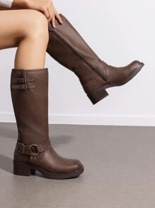 女式摩托车靴侧拉链及膝高筒靴方头粗跟扣装饰机车骑士时尚马靴万圣节女装棕色靴子 - 棕色 - 查看 2