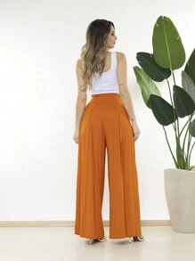 Wide-Leg Loose-Fitting Palazzo Pants In Viscose Fabric, Wide Waistband, High Waist, Pleats - Orange - View 2