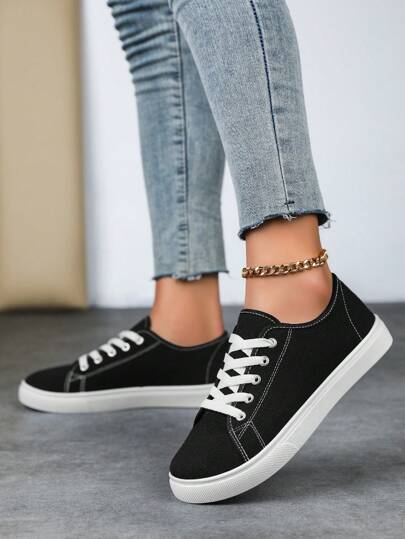 女款純色帆布平底鞋，圓頭透氣防滑綁帶鞋，經典低幫休閑運動鞋，舒適戶外學生鞋，黑色/白色