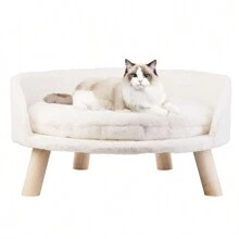 BingoPaw Cat Sofa Chair Bed, Elevated Nordic Pet Stool Bed With Removable Waterproof Mat, Raised Plush Fur Dog Kitten Couch With Wooden Legs Frame - White - View 4